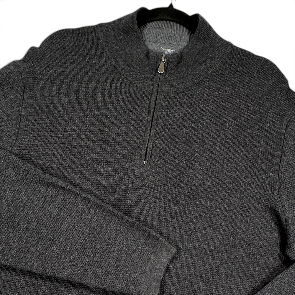 Raffi Quarter Zip Sweater Mens XL Gray 100% Extra Fine Merino Wool Waffle Knit
